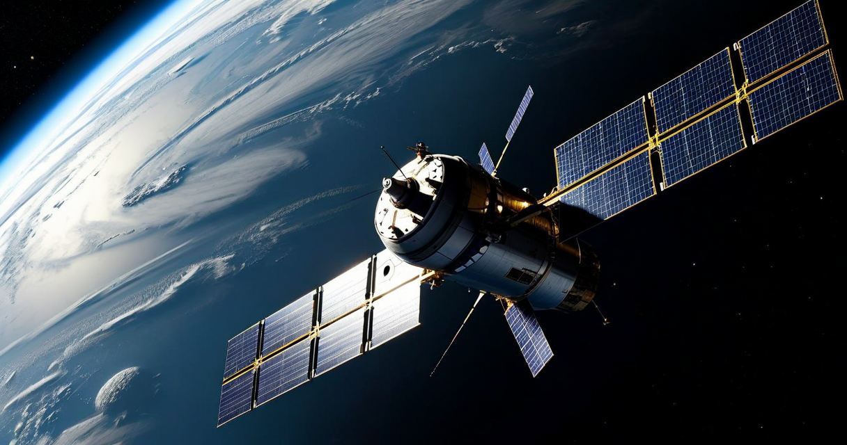 Orbital transfer vehicle approaching satellite in low Earth orbit, dark space background with Earth visible below