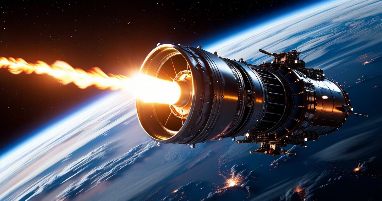 Orbital propulsion engine firing in deep space with Earth in the background