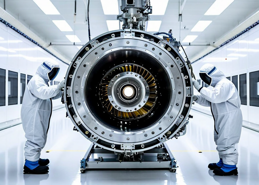 PAVE propulsion module being integrated onto a launch vehicle adapter ring in a clean room environment